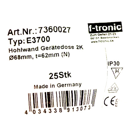 F-tronic Puszka instalacyjna podtynkowa 1 sztuka 68mm połączeniowa pomarańczowa VDE 7360027