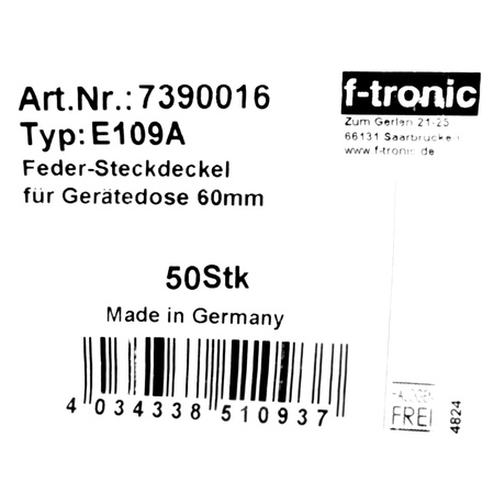 F-tronic Pokrywa sprężynowa zaślepka do puszek instalacyjnych dekiel 60 mm wtykowa 50 sztuk biała 7390 E109A