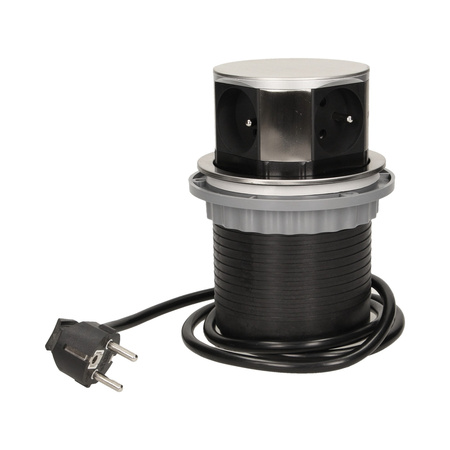 Gniazdo meblowe Ø10cm wysuwane z blatu z przewodem 1.5m. 4x2P+Z. INOX OR-AE-1380