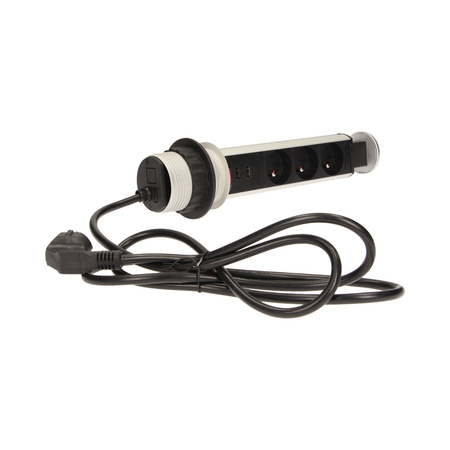 Gniazdo meblowe Ø6cm wysuwane z blatu z ładowarką USB. blokadą i przewodem 1.8m. 3x2P+Z OR-AE-1349