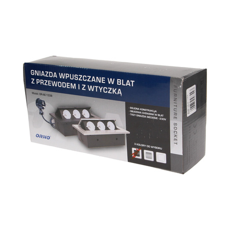 Gniazdo meblowe wpuszczane w blat z grubym rantem 3x2P+Z. przewód 1.5m 3x1.5mm2. czarne OR-AE-1338/B