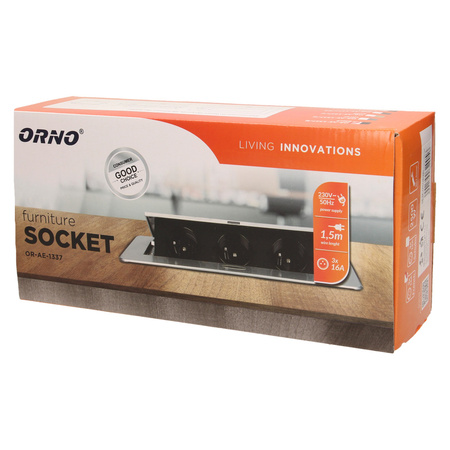 Gniazdo meblowe wpuszczane w blat z płaskim frezowanym rantem i przewodem 1.5m. 3x2P+Z. czarne. wersja schuko OR-AE-1337/B(GS)