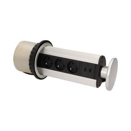 Gniazdo meblowe Ø10cm wysuwane z blatu z ładowarką USB i przewodem 1.8m. 3x2P+Z. 2xUSB OR-AE-1353