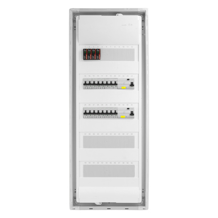 Rozdzielnica modułowa podtynkowa 5x12 zabezpieczona 14xMCB 2xRCCB VDE  okablowana skrzynka elektryczna Hager 880,50x348x94,5mm zaciski rozgałęźne L1, L2, L3, N, PE Doktorvolt DV-6289-PT