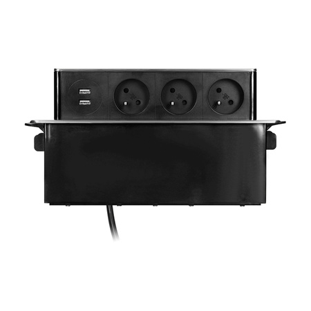 Gniazdo meblowe wysuwane z blatu z płaskim frezowanym rantem. ładowarką USB i przewodem 2m. 3 gniazda typ E. 2 x USB... OR-GM-9009/B-G