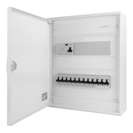 Rozdzielnica modułowa natynkowa 2x12 zabezpieczona 10xMCB 1xRCCB VDE okablowana skrzynka elektryczna Hager 370x305x96,5mm zaciski rozgałęźne L1, L2, L3, N, PE Doktorvolt DV-6326-NT
