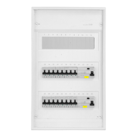 Rozdzielnica modułowa natynkowa 3x12 zabezpieczona 14xMCB 2xRCCB VDE ogranicznik okablowana skrzynka elektryczna Hager 515x305x96,5mm zaciski rozgałęźne L1, L2, L3, N, PE Doktorvolt DV-6333-NT