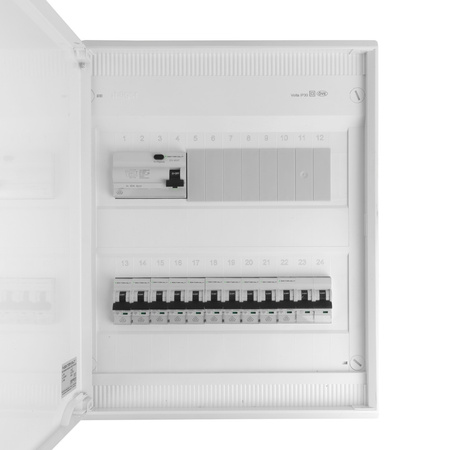 Rozdzielnica modułowa natynkowa 2x12 zabezpieczona 10xMCB 1xRCCB VDE okablowana skrzynka elektryczna Hager 370x305x96,5mm zaciski rozgałęźne L1, L2, L3, N, PE Doktorvolt DV-6326-NT
