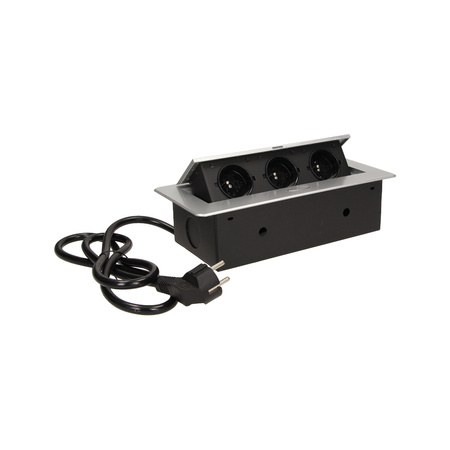 Gniazdo meblowe wpuszczane w blat z płaskim frezowanym rantem i przewodem 1.5m. 3x2P+Z. srebrne OR-AE-1337/G