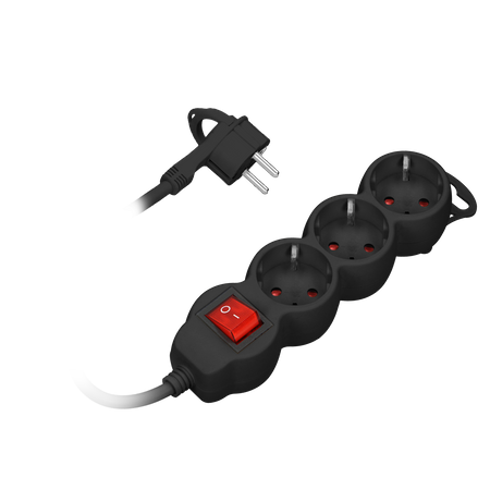 Przedłużacz 3-krotny 2P+Z (Schuko) z wyłącznikiem. 3m H05VV-F 3x1.0mm2. Imax 10A. płaska wtyczka. czarny ORAE13146(GS)/B/3M