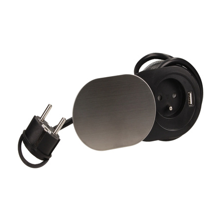 Gniazdo meblowe Ø6cm. wpuszczane w blat z przesuwną pokrywką. ładowarką USB i przewodem 1.9m. 1x2P+Z. 1xUSB (2.4A). 3x1mm2 OR-AE-13124