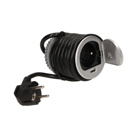 Gniazdo meblowe Ø6cm wpuszczane w blat z pokrywką. ładowarką USB i przewodem 1.8m. 1x2P+Z. 1xUSB OR-AE-1373