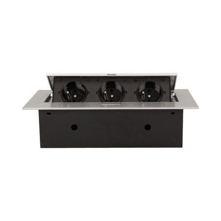 Gniazdo meblowe wpuszczane w blat z płaskim rantem. 3x2P+Z. srebrne OR-AE-1371/G