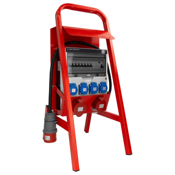 Rozdzielnica budowlana 16A 32A CEE 4x230V na stojaku z daszkiem ochronnym i  wtyczką TGD-S/FI z zabezpieczeniami VDE Doktorvolt DV-6074-D