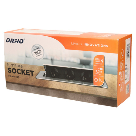 Gniazdo meblowe wpuszczane w blat z płaskim frezowanym rantem i przewodem 1.5m. 3x2P+Z. mosiądz OR-AE-1337/BR