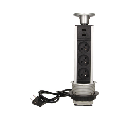 Gniazdo meblowe Ø8cm wysuwane z blatu z ładowarką USB i przewodem 1.8m. 3x2P+Z. 2xUSB OR-AE-1357