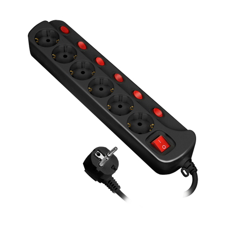 Listwa zasilająca "Multiswitch". 6 gniazd 2P+Z (Schuko). kabel 3x1.0mm2. długość 1.5m. Wyłącznik termiczny. 10A/230... ORAE13162(GS)/B/1,5M