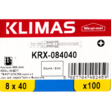 Kołek rozporowy 8x40mm z wkrętem 100sztuk 4x40mm z łbem stożkowym dybel uniwersalny Klimas Wkręt-met KRX-084040