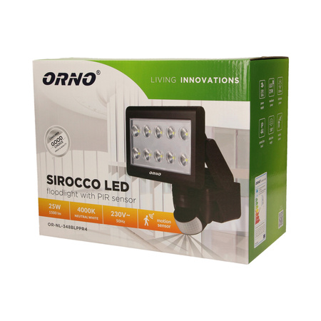 SIROCCO LED 25W. naświetlacz z czujnikiem ruchu. 1500lm. IP44. 4000K czarny OR-NL-348BLPPR4