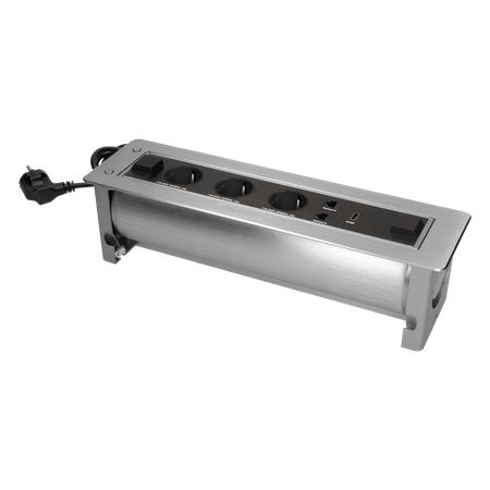 Gniazdo meblowe wpuszczane w blat z płaskim frezowanym rantem oraz elektrycznym otwieraniem. 3x2P+Z (Schuko). 2xNET.1xHDMI OR-AE-13110(GS)