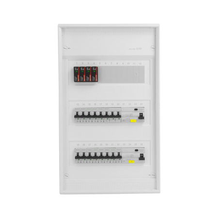 Rozdzielnica modułowa natynkowa 3x12 zabezpieczona 14xMCB 2xRCCB VDE ogranicznik przepięć Saltek okablowana skrzynka elektryczna Hager 515x305x96,5mm zaciski rozgałęźne L1, L2, L3, N, PE Doktorvolt DV-6340-NT