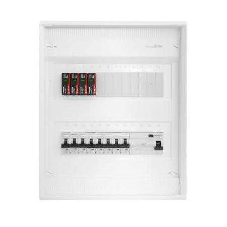 Rozdzielnica modułowa natynkowa 2x12 zabezpieczona 8xMCB 1xRCCB VDE ogranicznik przepięć Saltek okablowana skrzynka elektryczna Hager 370x305x96,5mm zaciski rozgałęźne L1, L2, L3, N, PE Doktorvolt DV-6302-NT