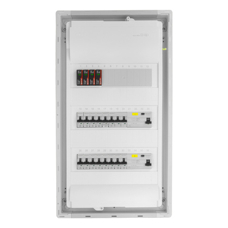 Rozdzielnica modułowa podtynkowa 3x12 zabezpieczona 14xMCB 1xRCCB VDE  ogranicznik przepięć Saltek okablowana skrzynka elektryczna Hager 630,50x348x98mm zaciski rozgałęźne L1, L2, L3, N, PE Doktorvolt DV-6241-PT