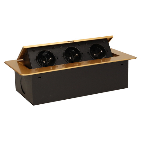 Gniazdo meblowe wpuszczane w blat z płaskim. frezowanym rantem. 3x2P+Z. złote OR-AE-1336/C