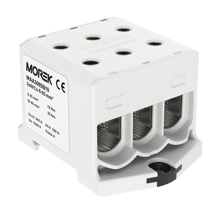 Złączka szynowa 6-95mm2 szara 6 otwor AL/CU 1000V TH35 1P Morek MAA3095A10