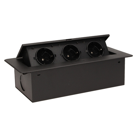 Gniazdo meblowe wpuszczane w blat z płaskim frezowanym rantem. 3x2P+Z. czarne. wersja schuko OR-AE-1336/B(GS)