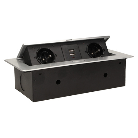 Gniazdo meblowe wpuszczane w blat z płaskim frezowanym rantem i ładowarką USB. 2x2P+Z. 2xUSB. srebrny OR-AE-13109/G