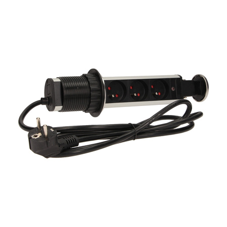 Gniazdo meblowe Ø6cm wysuwane z blatu z blokadą i przewodem 1.8m. 3x2P+Z. INOX OR-AE-1348