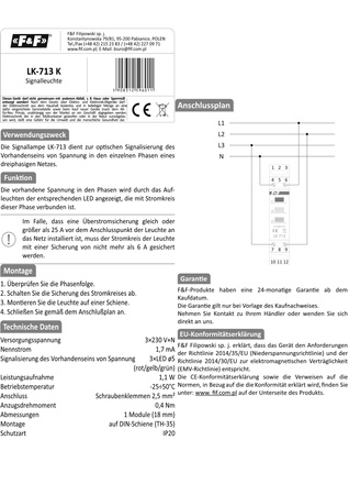 Kontrolka sygnalizacyjna 3-fazowa żółta-czerwona-zielona lampka F&F LK-713K