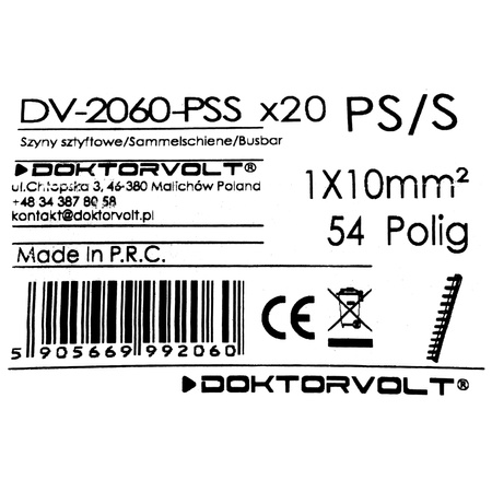 Szyna łączeniowa sztyftowa PS/S 1-fazowa 54-modułowa 10mm2 63A DV-2060-PSS