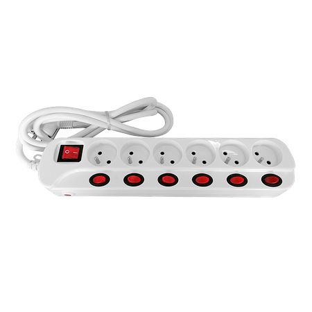 Listwa zasilająca "Multiswitch". 6 gniazd 2P+Z. kabel 3x1.0mm2. długość 1.5m. z wyłącznikami podświetlanymi: głównym... OR-AE-13162/1,5M