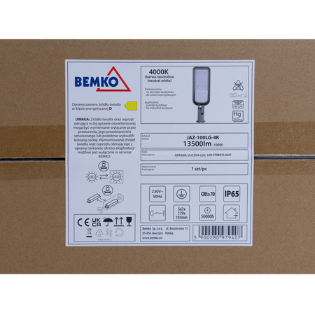 Oprawa uliczna LED JAZMIN 100W 4000K 13500LM IP65 jasnoszara C82-JAZ-100LG-4K