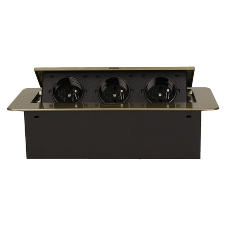 Gniazdo meblowe wpuszczane w blat z płaskim. frezowanym rantem. 3x2P+Z. mosiądz OR-AE-1336/BR