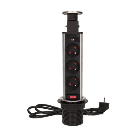 Gniazdo meblowe Ø6cm wysuwane z blatu z blokadą i przewodem 1.8m. 3x2P+Z. INOX OR-AE-1348