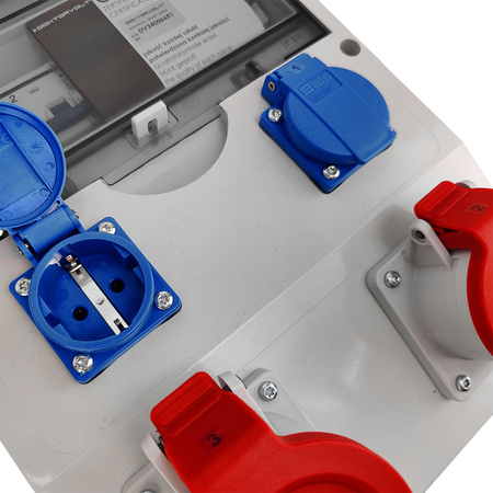 Rozdzielnica budowlana 32A 16A skrzynka elektryczna na stojaku z kablem 2x230V Schuko Doktorvolt ECO-S/FI SKHU 0403