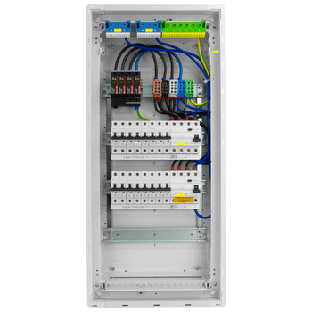 Rozdzielnica modułowa podtynkowa 4x12 zabezpieczona 14xMCB 2xRCCB VDE ogranicznik przepięć Saltek okablowana skrzynka elektryczna Hager 755,50 x348x98mm zaciski rozgałęźne L1, L2, L3, N, PE Doktorvolt DV-6258-PT