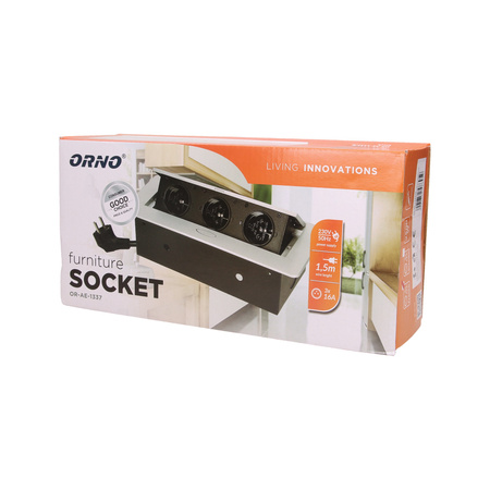 Gniazdo meblowe wpuszczane w blat z płaskim frezowanym rantem i przewodem 1.5m. 3x2P+Z. czarne OR-AE-1337/B