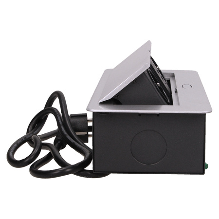 Gniazdo meblowe wpuszczane w blat z płaskim frezowanym rantem. ładowarką USB i przewodem 1.5m. 2x2P+Z. 2xUSB. srebrne OR-AE-13126/G