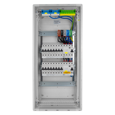 Rozdzielnica modułowa podtynkowa 4x12 zabezpieczona 14xMCB 2xRCCB VDE okablowana skrzynka elektryczna Hager 755,50 x348x98mm zaciski rozgałęźne L1, L2, L3, N, PE Doktorvolt DV-6265-PT