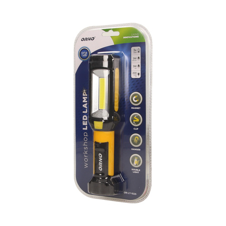 Latarka warsztatowa LED COB 3W/200lm+ LED 3W/120lm LED. 3 x AAA. magnes. haczyk. klamra. podwójne światło OR-LT-1525