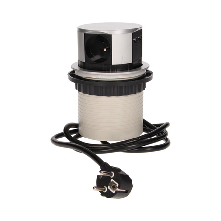 Gniazdo meblowe Ø10cm wysuwane z blatu z ładowarką USB i przewodem 1.5m. 3x2P+Z. 2xUSB OR-AE-1342