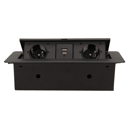 Gniazdo meblowe wpuszczane w blat z płaskim frezowanym rantem i ładowarką USB. 2x2P+Z. 2xUSB. czarny OR-AE-13109/B
