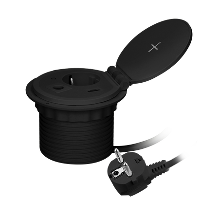 Gniazdo meblowe Ø8cm wpuszczane w blat z ładowarką indukcyjną. ładowarką USB z 2 gniazdami A i C. przelotką kablową z... OR-GM-9015(GS)/B