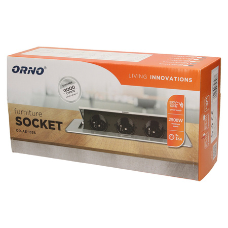 Gniazdo meblowe wpuszczane w blat z płaskim frezowanym rantem. 3x2P+Z. srebrne. wersja schuko OR-AE-1336/G(GS)