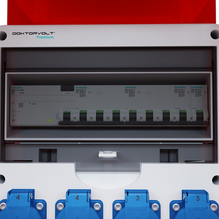 Rozdzielnica budowlana na stojaku zabezpieczenia Siemens pTD-S/FI 32A 16A 4x230V SET gniazda Mennekes Schuko Doktorvolt DV-6221-D