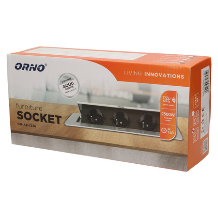 Gniazdo meblowe wpuszczane w blat z płaskim frezowanym rantem. 3x2P+Z. czarne. wersja schuko OR-AE-1336/B(GS)